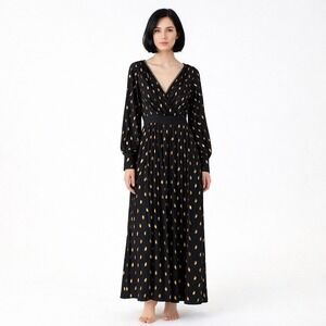 Little Mistress Black & Gold Foil Leaf Pleated Maxi Dress UK 8 US 4 NWT